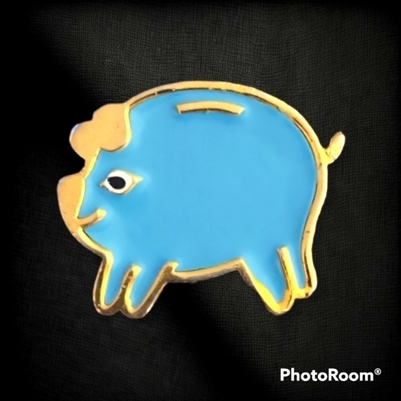 Vtg Blue Enamel Piggy Bank Doll Brooch Pin - Picture 1 of 4